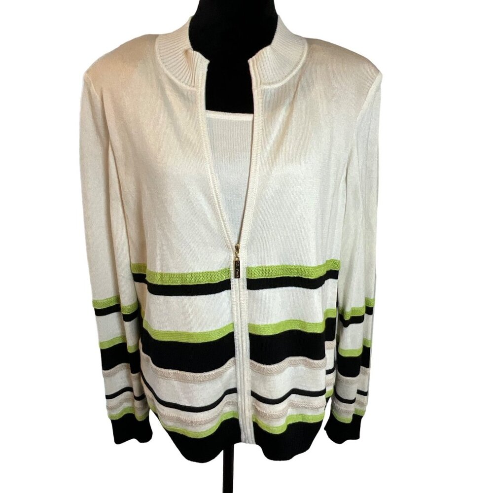 St. John Womens Striped Zip-Up‎ Cardigan & Sleeveless Top Set Size XL